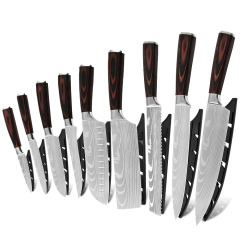 XYj 9pcs Kitchen Knife Set German 440C 7Cr17mov High Carbon Stainless Steel Chef Santoku Cleaver Bread Utility Paring Slicing Laser Damascus Pattern