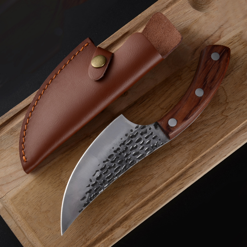 XYj Hot Selling High Quality Full Tang Wood Handle Hammer Finished Hunting Outdoor 5.5 Inch Handmade Hand Forged Boning Knife With Leather Sheath