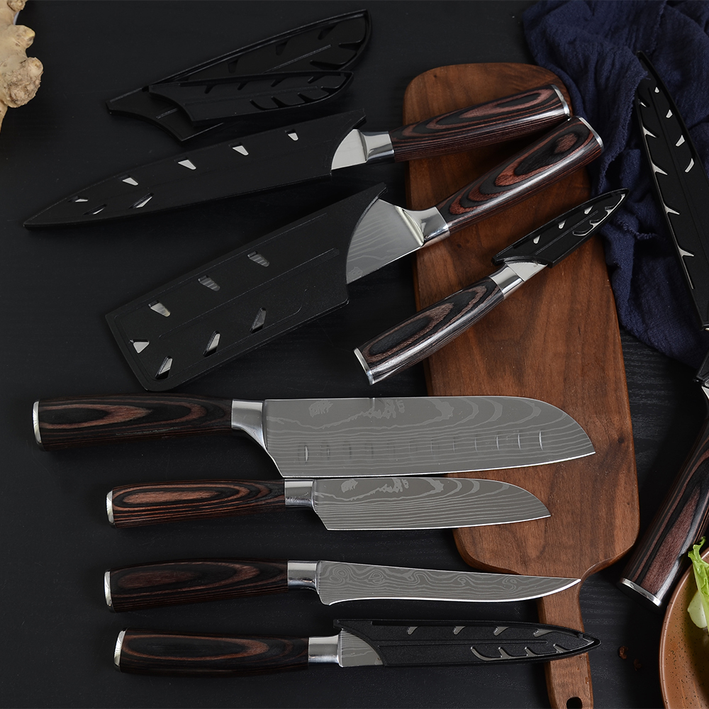 XYj 9pcs Kitchen Knife Set German 440C 7Cr17mov High Carbon Stainless Steel Chef Santoku Cleaver Bread Utility Paring Slicing Laser Damascus Pattern