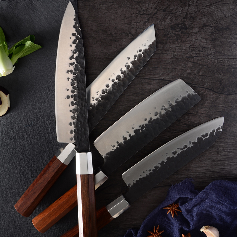 XYj Wholesale Japanese Style Non-stick Hammer Finished Hand Forged Chef Santoku Kiritsuke Nakiri Cleaver Knife 4pcs Japanese Kitchen Knife Set With Le