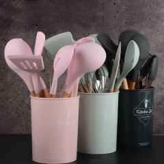 XYj 12 Piece Kitchenware Set Silicone Kitchen Cooking Utensils Set Holder Wood Handle Non-stick FDA SGS Food Grade Heat Resistant Christmas Gift