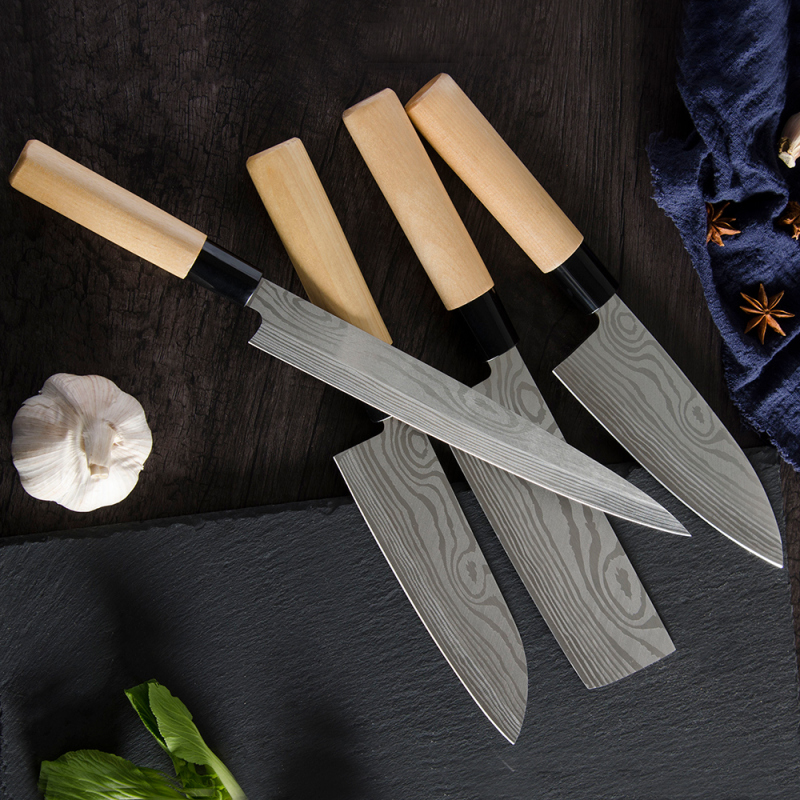 XYj Best 4pcs Wood Handle Japanese Stainless Steel Cooking Kitchen Knives Damascus Pattern Single Bevel Good Balance Sashimi Santoku Nakiri Deba Knife