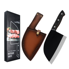 XYj 7 Inch Powerful Heavy Duty Serbian Bone Chopping Cleaver Butcher Knife Full Tang Stainless Steel Leather Sheath Gift Box Set
