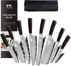 XYJ Japanese Kitchen Knife Set Laser Damascus Pattern 8" 7" 5" 3.5" Chef Knives Set With Carry Case Bag & Sheath 8 Pieces Knife Tool