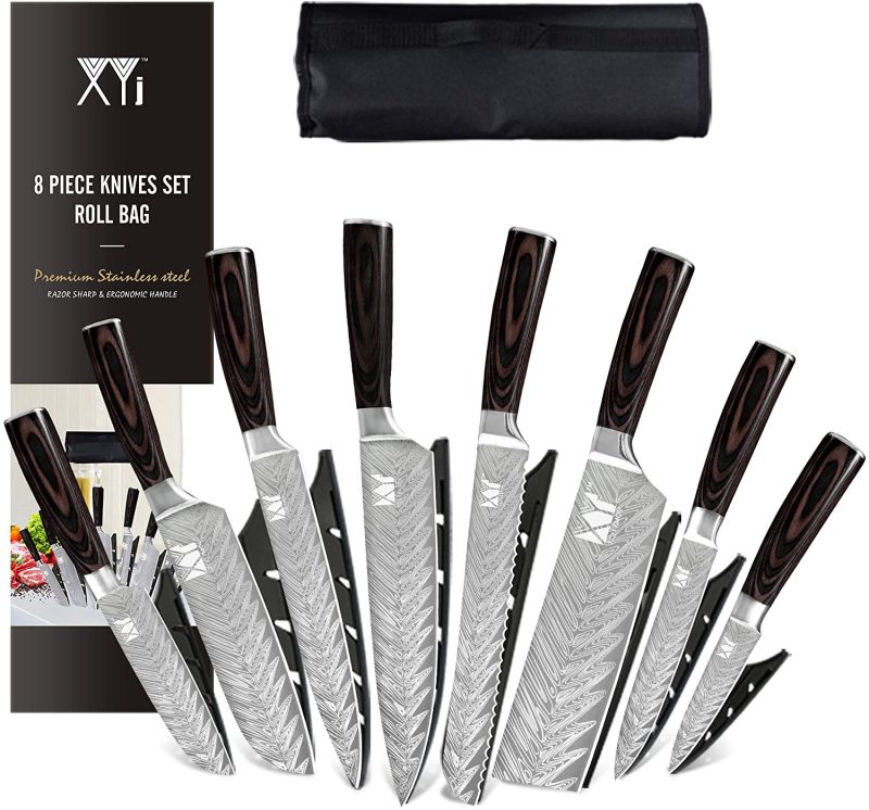 XYJ Japanese Kitchen Knife Set Laser Damascus Pattern 8&quot; 7&quot; 5&quot; 3.5&quot; Chef Knives Set With Carry Case Bag &amp; Sheath 8 Pieces Knife Tool