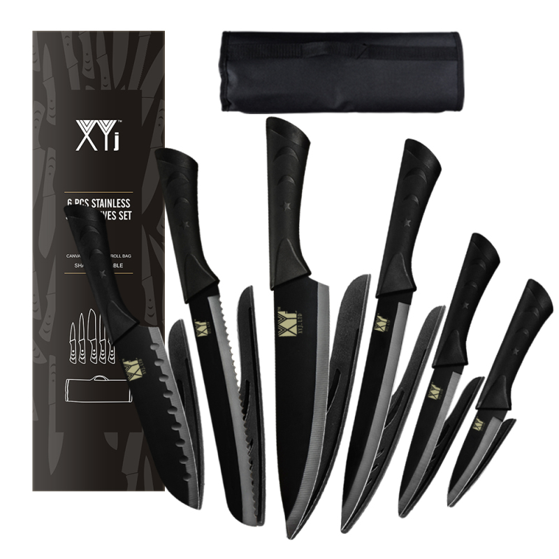 XYJ Stainless Steel Knife Set with Carry Case 6-Piece Premium Kitchen Knives Chef Knife Set Plastic Handle with Star &amp; Moon Pattern