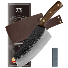 XYJ Full Tang Kitchen Cleaver Knife Hand Forged Nakiri Chef Knives 5Cr15 Stainless Steel Hammered Serbian Butcher Knife With Leather Sheath & Whetston