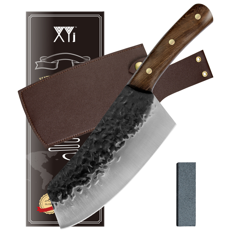 XYJ Full Tang Kitchen Cleaver Knife Hand Forged Nakiri Chef Knives 5Cr15 Stainless Steel Hammered Serbian Butcher Knife With Leather Sheath &amp; Whetston
