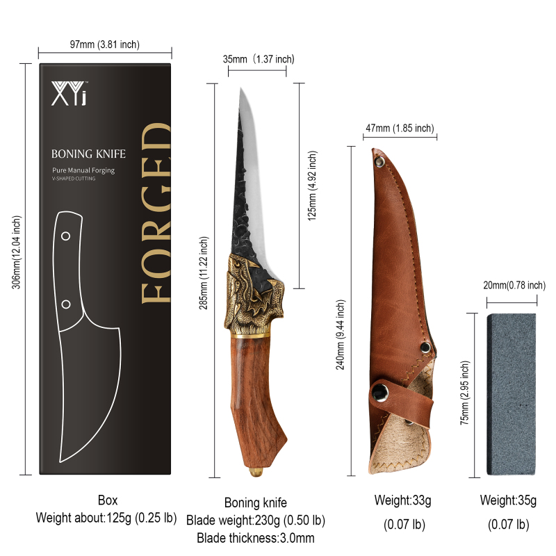 XYJ Hand Forged Boning Knife 6 inch Fish Fillet Knives With Leather Sheath&amp;Whetstone Meat Cleaver Camping Chef Knife