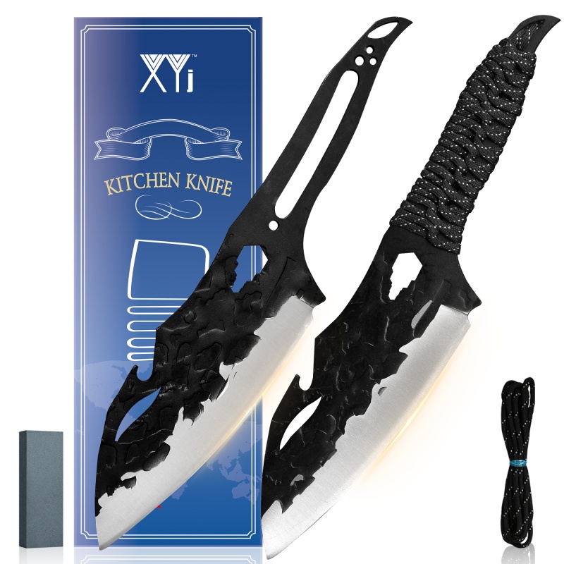XYJ 7 Inch Paracord Santoku Knife Pack Of 2- Stainless Steel Killer Whale Blade With Bottle Opener For Outdoor Camping Survival Hunting Kitchen