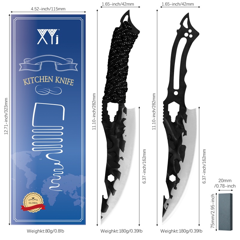 XYJ 6.5” Fixed Blade Paracord Hunting Knife Set Of 2- Full Tang Hammer Finish Cool Bionics Shark Blade Boning Filleting Slicing Knives Bottle Opener H