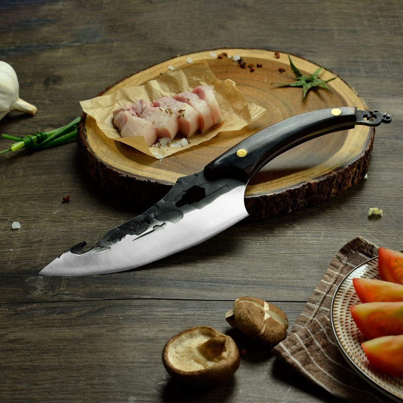 XYJ 6.5” Full Tang Chef Meat Knife With Bottle Opener Hex Spanner- Rosefinch Wood handle Razor Sharp Curved Rhino Knife Blade Kitchen And Outdoor Boni