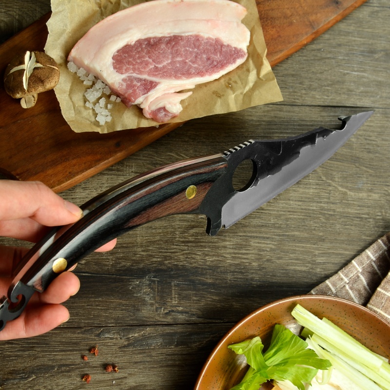 XYJ 6.5 Inch Full Tang Fish Fillet Knife Kitchen Boning Fishing Skinning BBQ Turkey Slicing Knives Pointed Tip Finger Hole Blade With Bottle Opener