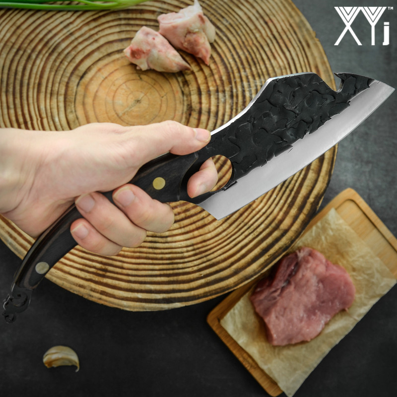 XYJ 6.5” Full Tang Leather Sheath Handmade Chef Boning Knife &amp; Whetstone - Portable Hammer Pattern Stainless Steel Fixed Hole Blade With Bottle Opener