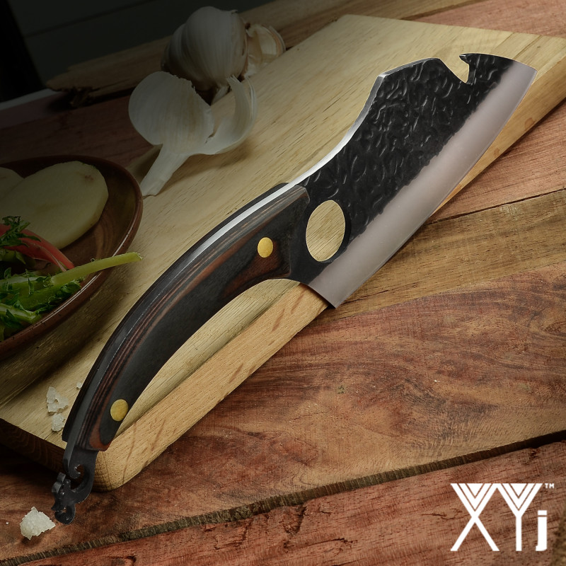 XYJ 6.5 Inch Bionic Chef Boning Knife With Bottle Opener - Stainless Steel Finger Hole Blade With Rosefinch Design Full Tang Wood Handle Gift Box For 