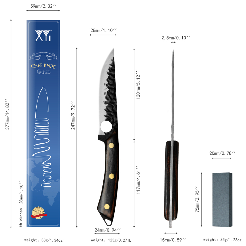 XYJ 5 Inch Full Tang Single Steak Knife - Razor Sharp Non-serrated Hammer Finish Finger Hole Stainless Steel Blade Meat Carving Small Utility Knife Wi