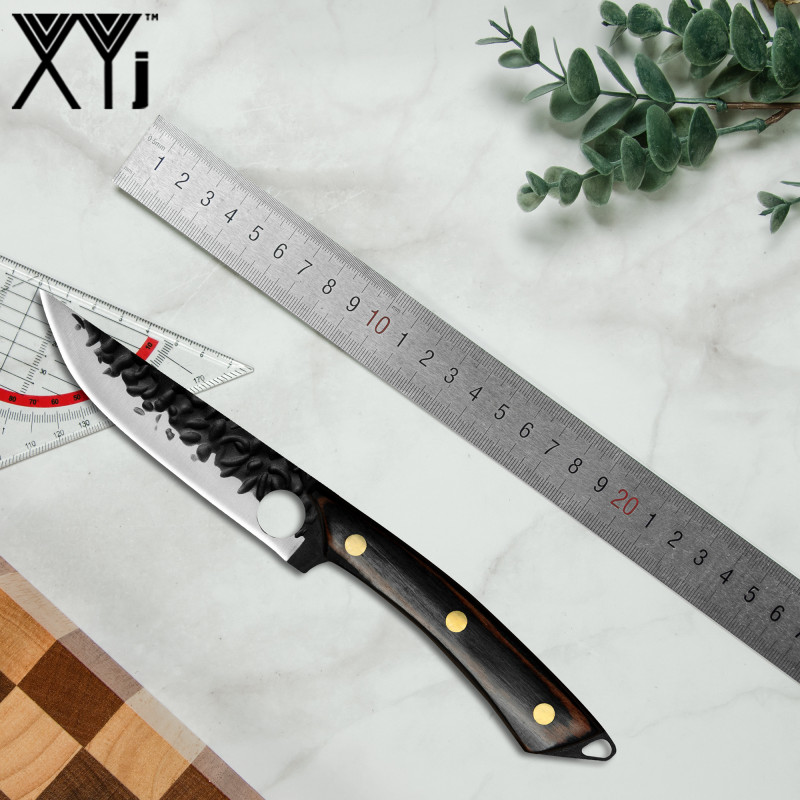 XYJ 5 Inch Full Tang Single Steak Knife - Razor Sharp Non-serrated Hammer Finish Finger Hole Stainless Steel Blade Meat Carving Small Utility Knife Wi