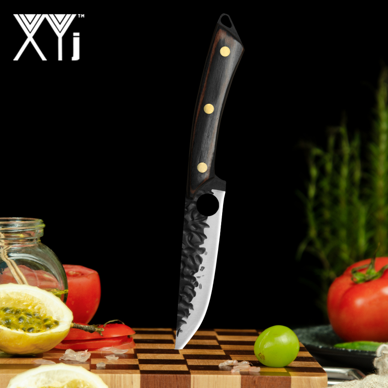 XYJ 5 Inch Full Tang Single Steak Knife - Razor Sharp Non-serrated Hammer Finish Finger Hole Stainless Steel Blade Meat Carving Small Utility Knife Wi