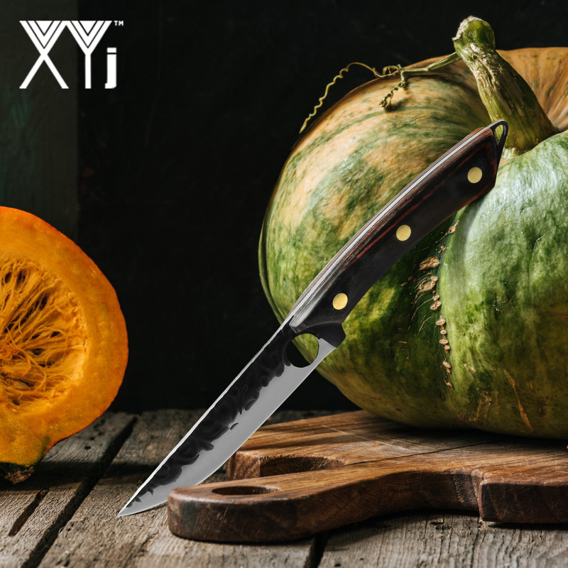 XYJ 5 Inch Full Tang Single Steak Knife - Razor Sharp Non-serrated Hammer Finish Finger Hole Stainless Steel Blade Meat Carving Small Utility Knife Wi