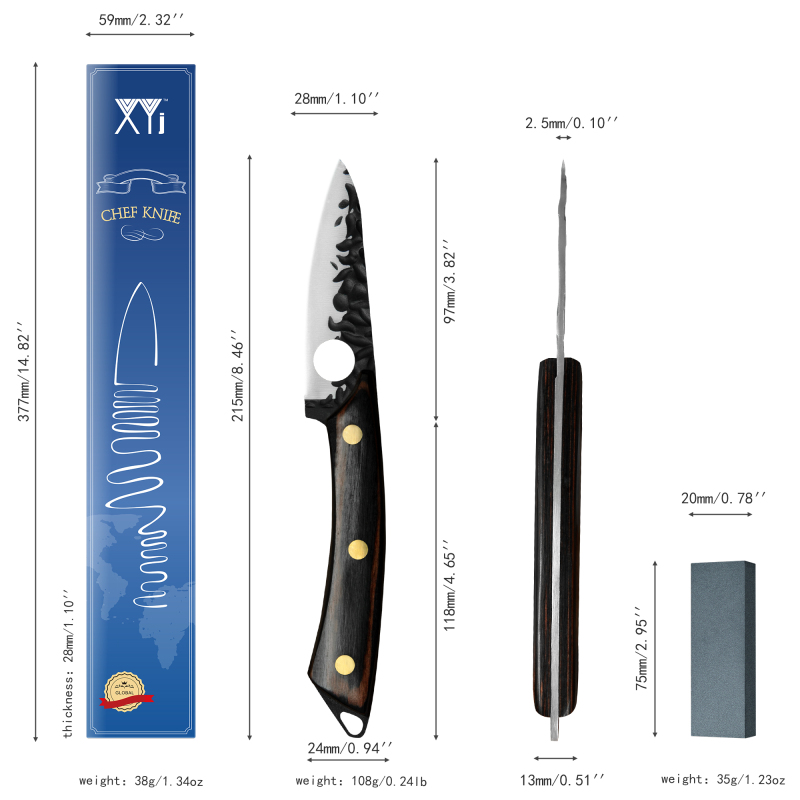 XYJ 3.5 Inch Paring Knife With Whetstone - Sharp Full Tang Stainless Steel Fruit Knives Wood Handle Small Peeling Knife