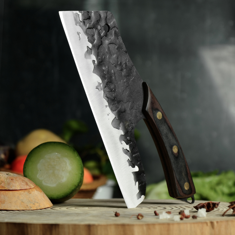 XYJ 9 Inch Full Tang Effort Saving Large Cleaver Knife - Heavy Duty Meat Vegetable Chopping Hammer Finish Stainless Steel Big Blade With Pakka Wood Ha
