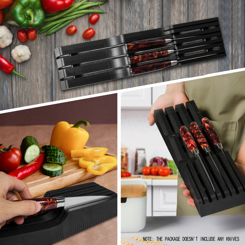 XYJ Plastic Drawer Kitchen Knife Holder PP+fiber Knife Stand With 3 Long slots 4 short slots Knives Block Black Storage Organizer