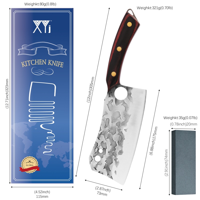 XYJ 7 Inch Full Tang Stainless Steel Vegetable Cleaver Meat Knife Finger Hole Chopping Blade Full Tang Ergonomic Wood Handle With Mini Whetstone