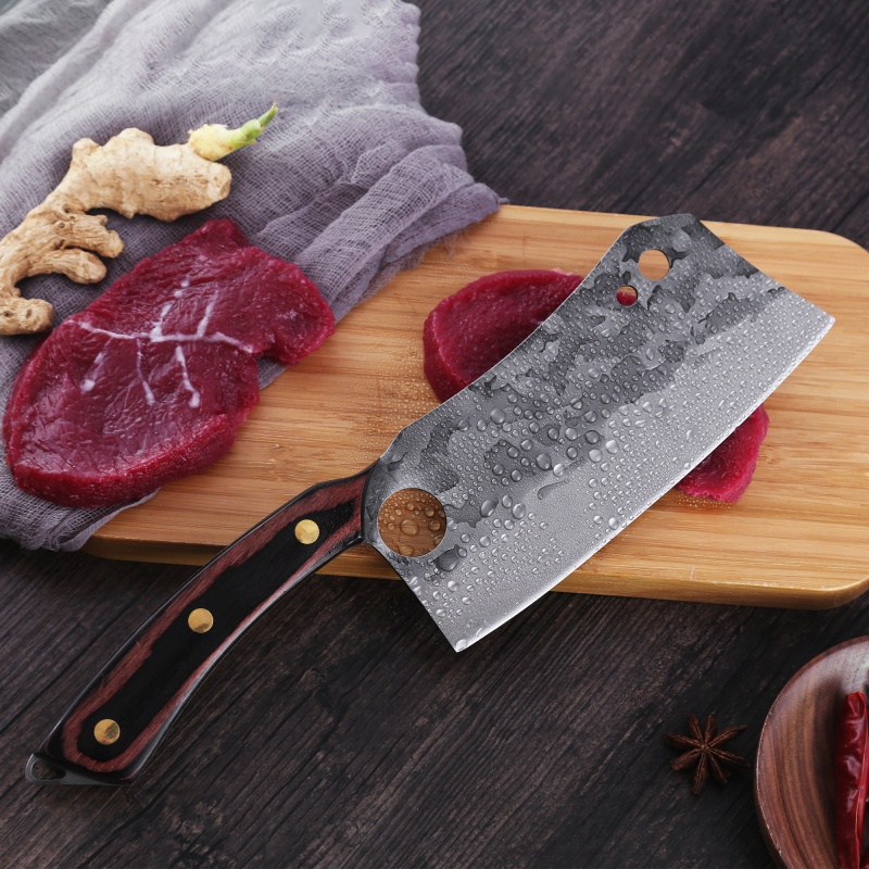 XYJ 7 Inch Full Tang Stainless Steel Vegetable Cleaver Meat Knife Finger Hole Chopping Blade Full Tang Ergonomic Wood Handle With Mini Whetstone