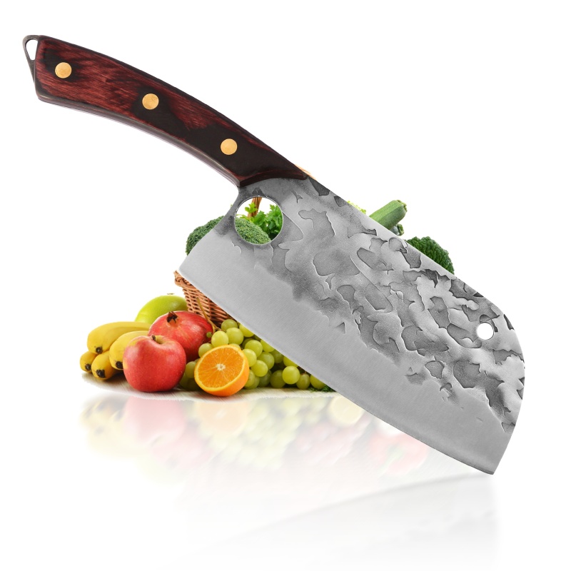 XYJ 7 Inch Hammered Chinese Chef Knife Multipurpose Asian Cleaver Finger Hole Design Full Tang Wood Handle For Chopping Vegetable Meat