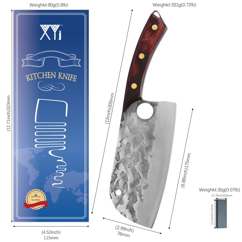 XYJ 7 Inch Hammered Chinese Chef Knife Multipurpose Asian Cleaver Finger Hole Design Full Tang Wood Handle For Chopping Vegetable Meat