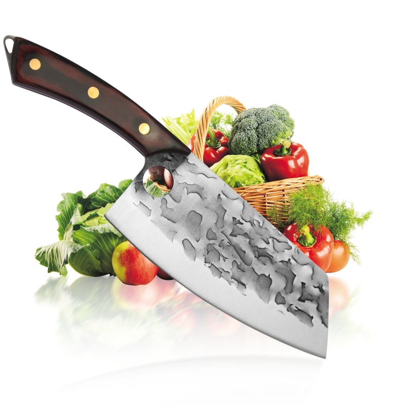 XYJ 7.5” Chinese Cleaver Knife Stainless Steel Hammered Meat Vegetable Chopping Cleaver Finger Hole Control Full Tang Ergonomic Wooden Handle