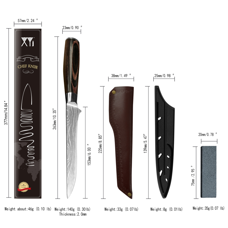 XYJ Full Tang 6 Inch Fillet Boning Knife With Knives Cover&amp;Whetstone Stainless Steel Fishing Knives Skinning De-bone Meat Knife