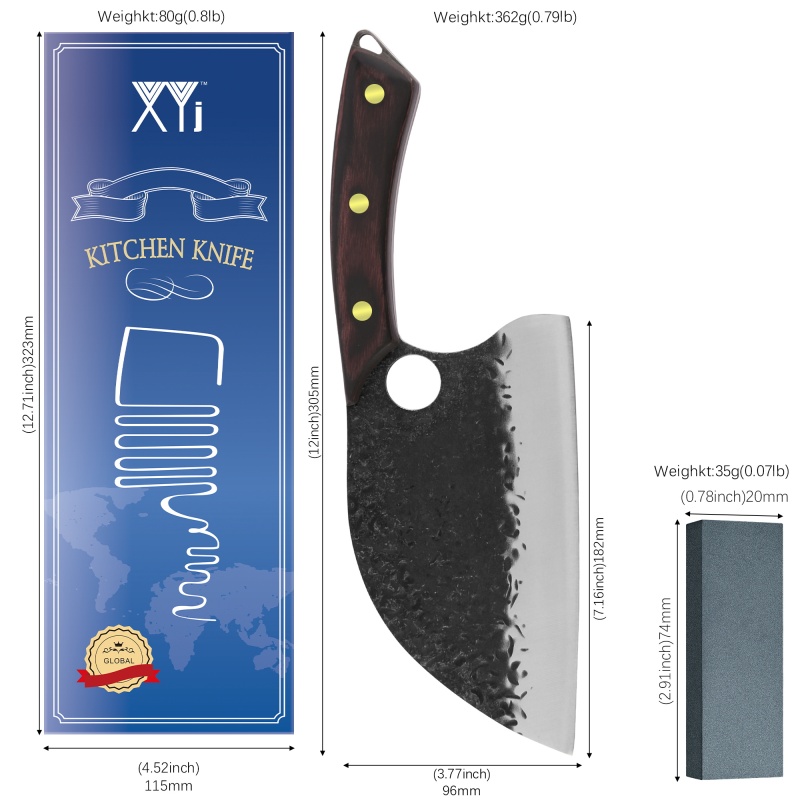 XYJ 7 Inch Effort Saving Serbian Chef Knife Kitchen Butcher Cleaver Vegetable Chopping Knife Hammered Blade With Full Tang Wood Handle