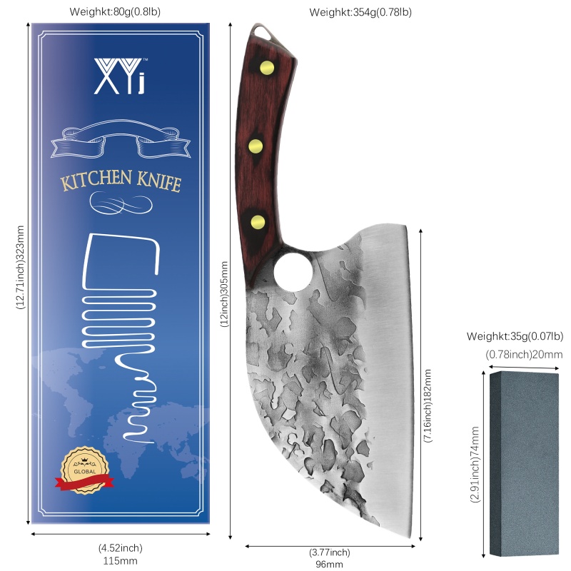 XYJ 7 Inch Effort Saving Butcher Knife With Mini Whetstone - Powerful Heavy Duty Meat Vegetable Chopping Asian Cleaver With Full Tang Pakkawood Handle