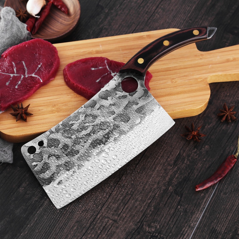 XYJ 7.5 Inch Full Tang Camping Cleaver Butcher’s Meat Vegetable Chopping Knife Stainless Steel Hammer Finish Blade With Full Tang Wooden Handle