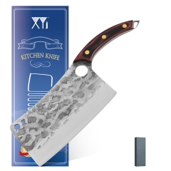 XYJ 7.5 Inch Full Tang Camping Cleaver Butcher’s Meat Vegetable Chopping Knife Stainless Steel Hammer Finish Blade With Full Tang Wooden Handle