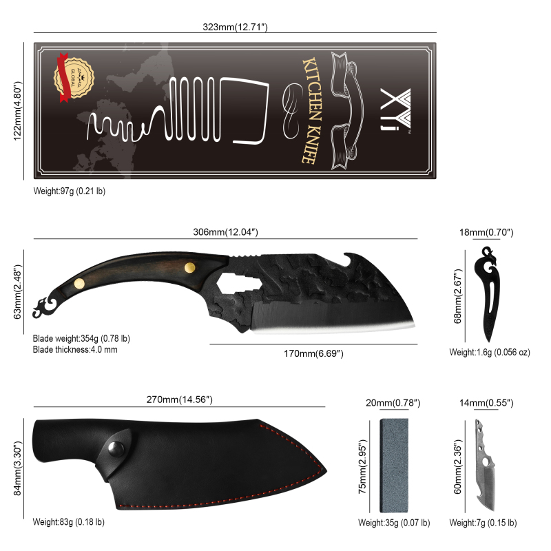 XYJ Full Tang 6.5-inch Cooking Vegetable Knives Stainless Steel 1.5 Inch Tiny Knife&amp;Whetstone&amp;Leather Sheath For Kitchen Camping