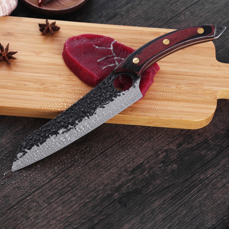 XYJ Razor Sharp 7.5 Inch Santoku Knife Full Tang Stainless Steel Hammered Blade Japanese Chef Knife With Wood Handle For Cutting Meat Fish Vegetable
