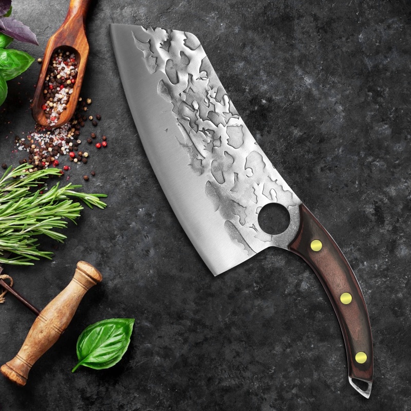 XYJ 7.5 Inch Full Tang Hand Made Cleaver Knife Finger Hole Blade Hammer Finish Ergonomic Full Tang Pakka Wood Handle For Chopping Vegetable Meat Fish