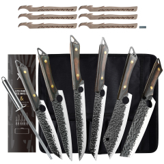 XYJ Full Tang Camping Chef Knives Set With Knife Holder&Roll Bag&Sharpener Rod 7 7.5 8 9 Inch Slicing Knife Block Sets