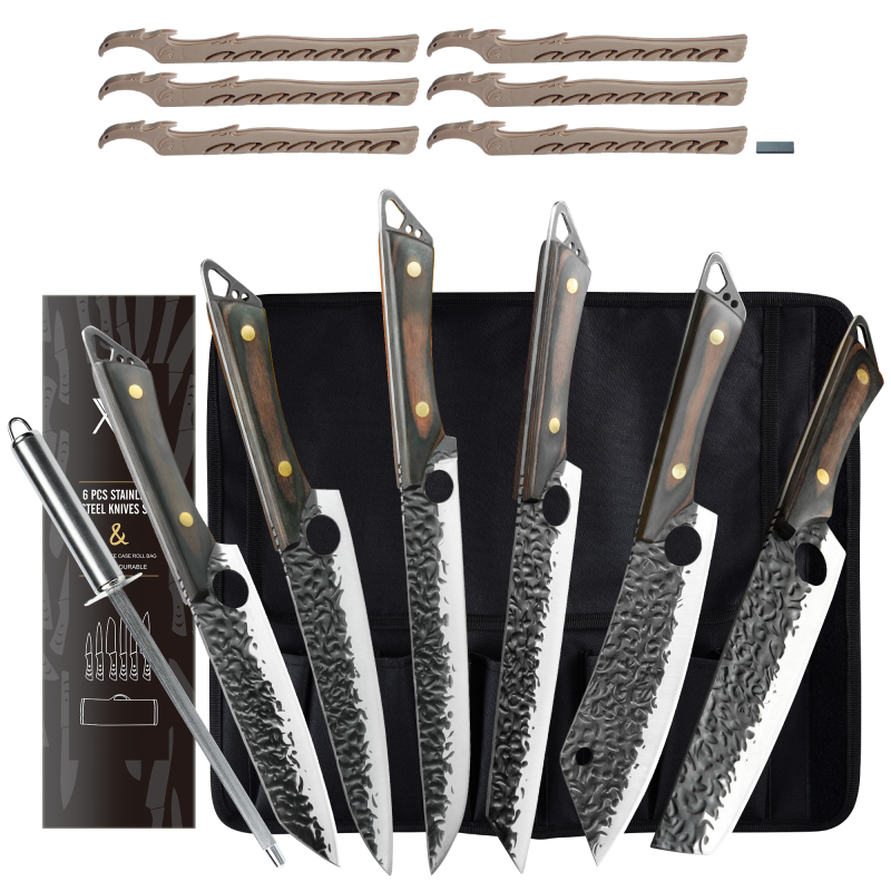 XYJ Full Tang Camping Chef Knives Set With Knife Holder&amp;Roll Bag&amp;Sharpener Rod 7 7.5 8 9 Inch Slicing Knife Block Sets