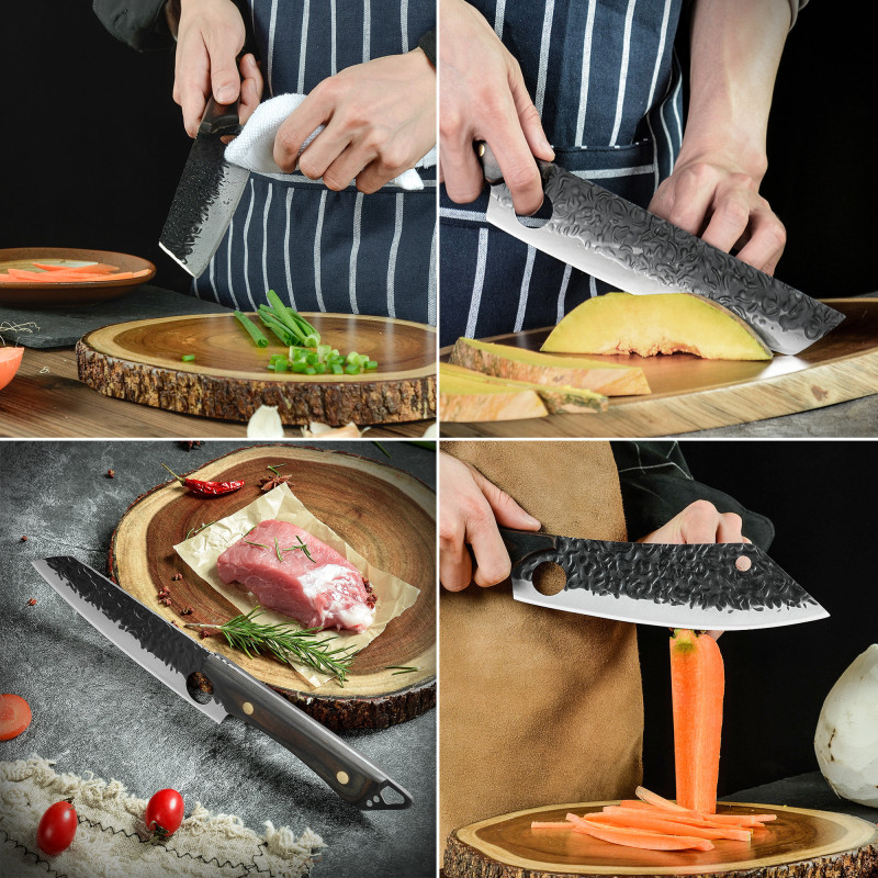 XYJ Full Tang Camping Chef Knives Set With Knife Holder&amp;Roll Bag&amp;Sharpener Rod 7 7.5 8 9 Inch Slicing Knife Block Sets