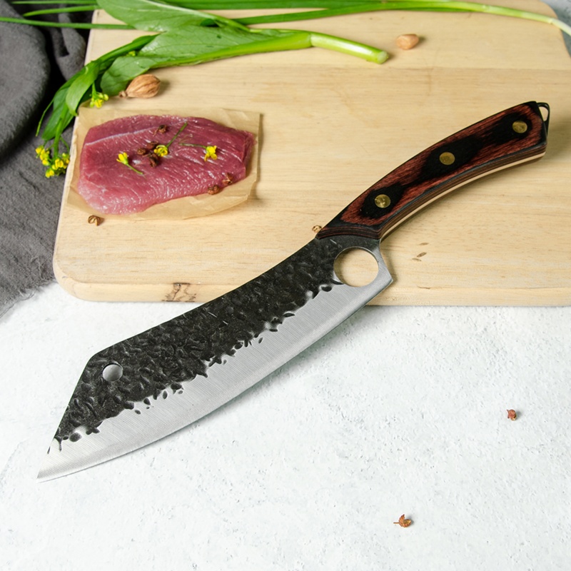 XYJ 8” Stainless Steel Sharp Chef Knife Full Tang Wood Handle Fish Fillet Meat Slicing Knife Brisket Bbq Vegetable Cutting Finger Hole Hammered Blade