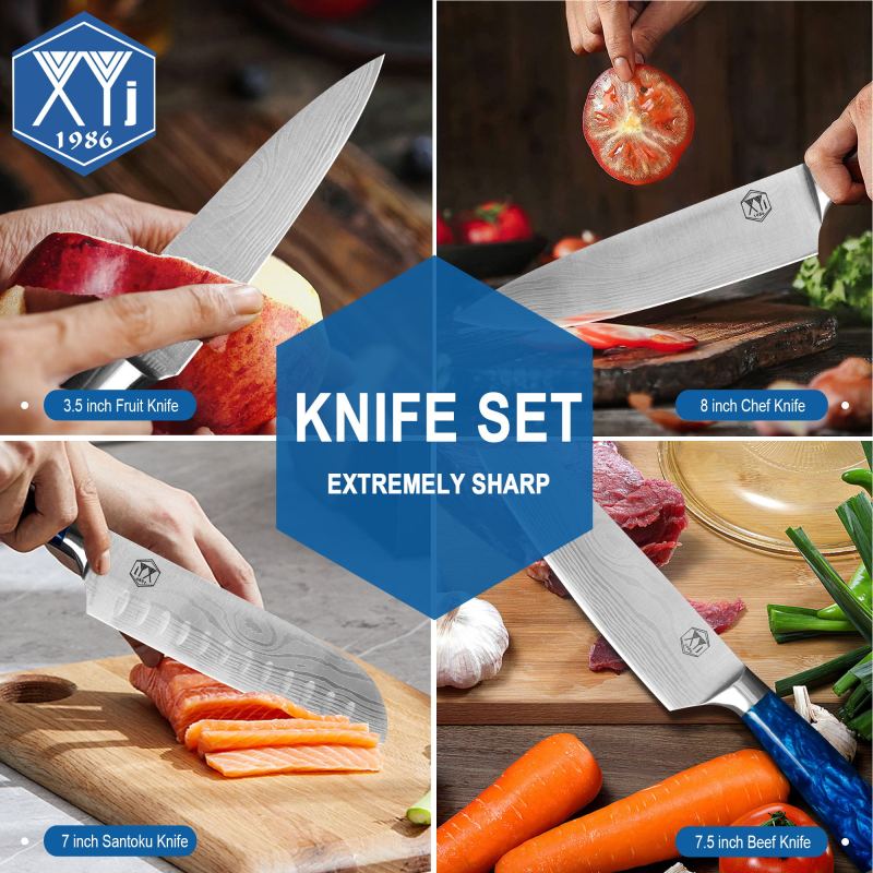 XYJ Professional Knife Sets for Master Chefs with Bag Scissors Stainless Steel Culinary Kitchen Cooking Cutting Etched Laser Pattern