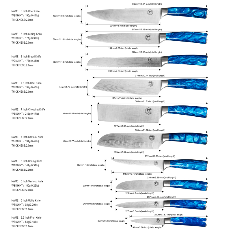 XYJ Professional Knife Sets for Master Chefs with Bag Scissors Stainless Steel Culinary Kitchen Cooking Cutting Etched Laser Pattern