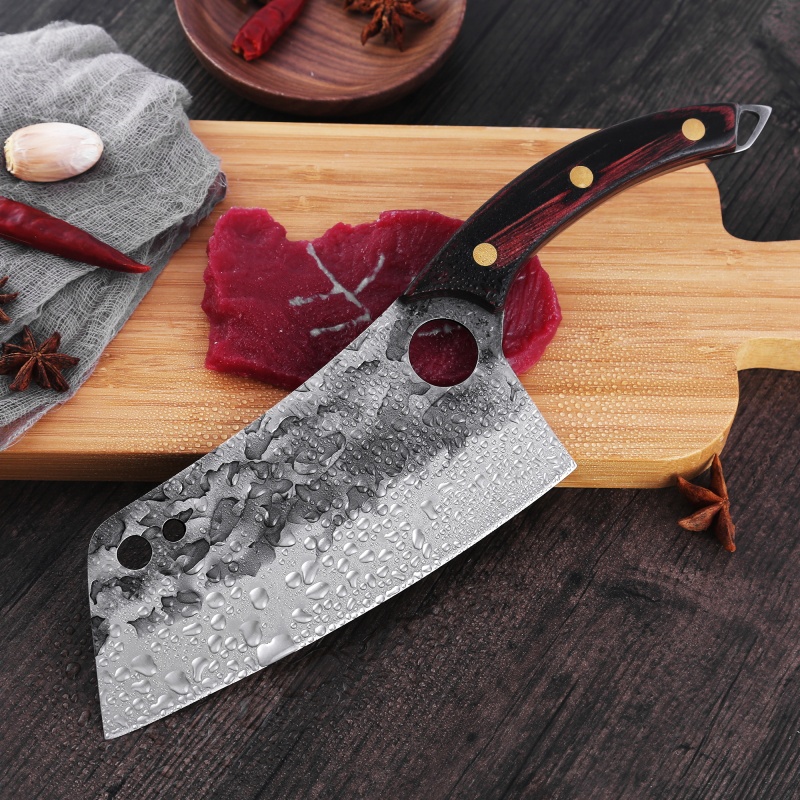 XYJ 7” Asian Vegetable Knife Chef Meat Cleaver Full Tang Stainless Steel Chopping Knives Non-sticking Blade With Wooden Handle Mini Whetstone