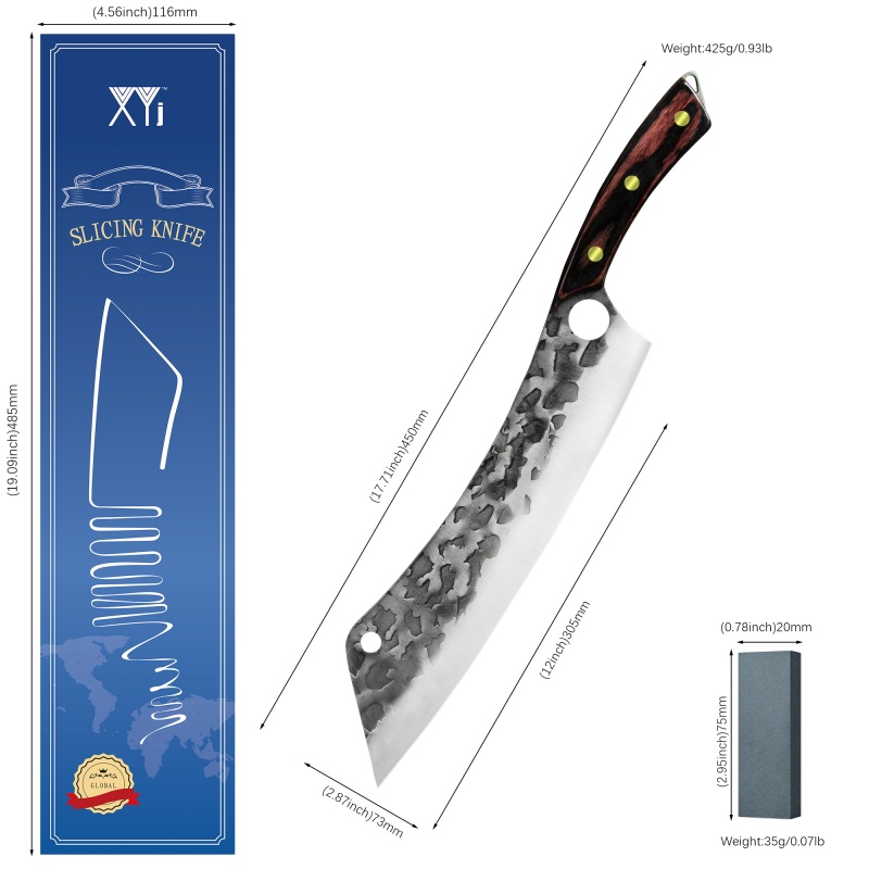 XYJ 12.5 Inch Long Meat Knife Full Tang Wood Handle Hammered Non-sticking Razor Sharp Slaughter Slicing Carving Knife With Whetstone