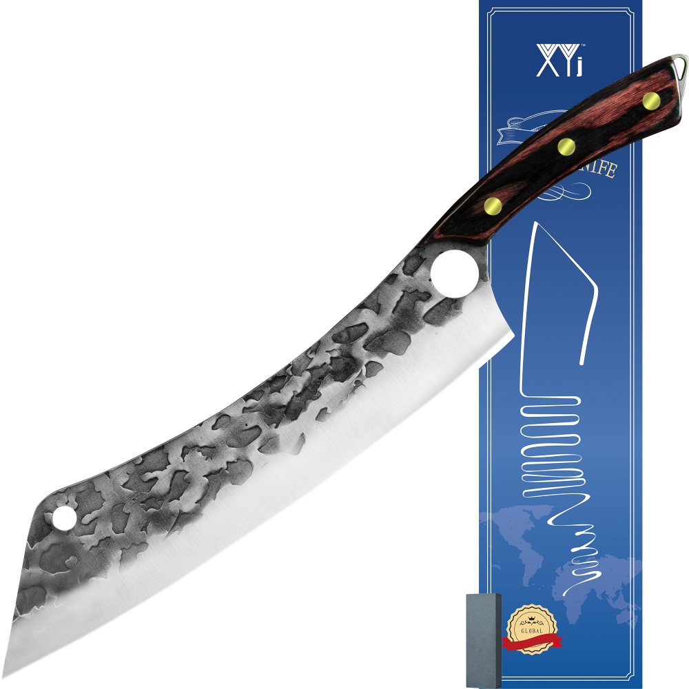 XYJ 12.5 Inch Long Meat Knife Full Tang Wood Handle Hammered Non-sticking Razor Sharp Slaughter Slicing Carving Knife With Whetstone