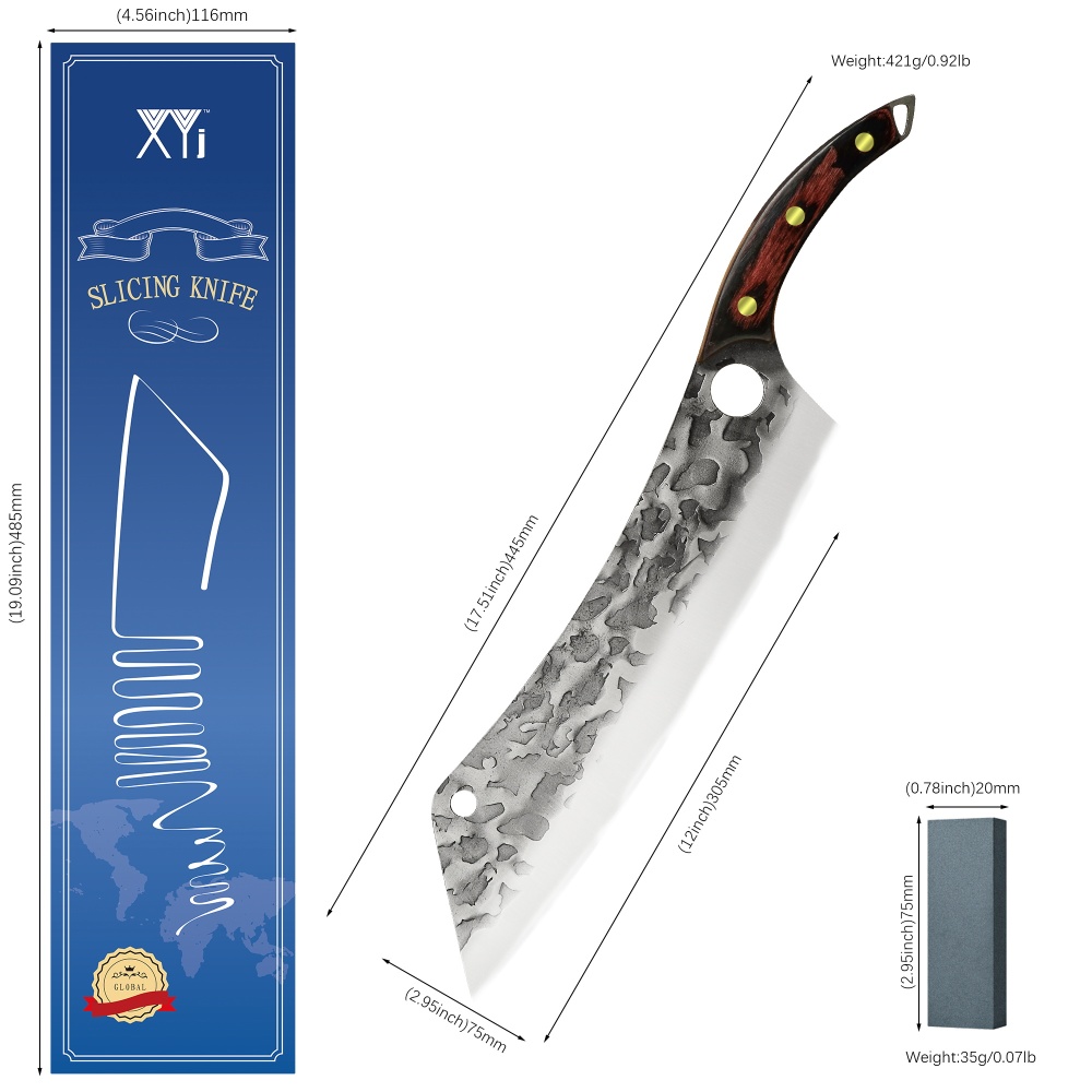 XYJ 12.5 Inch Super Long Chef Kitchen Knife Extra Long Slaughter Meat Slicing Filleting Fish Cake Watermelon Cutting Knives With Full Tang Wood Handle