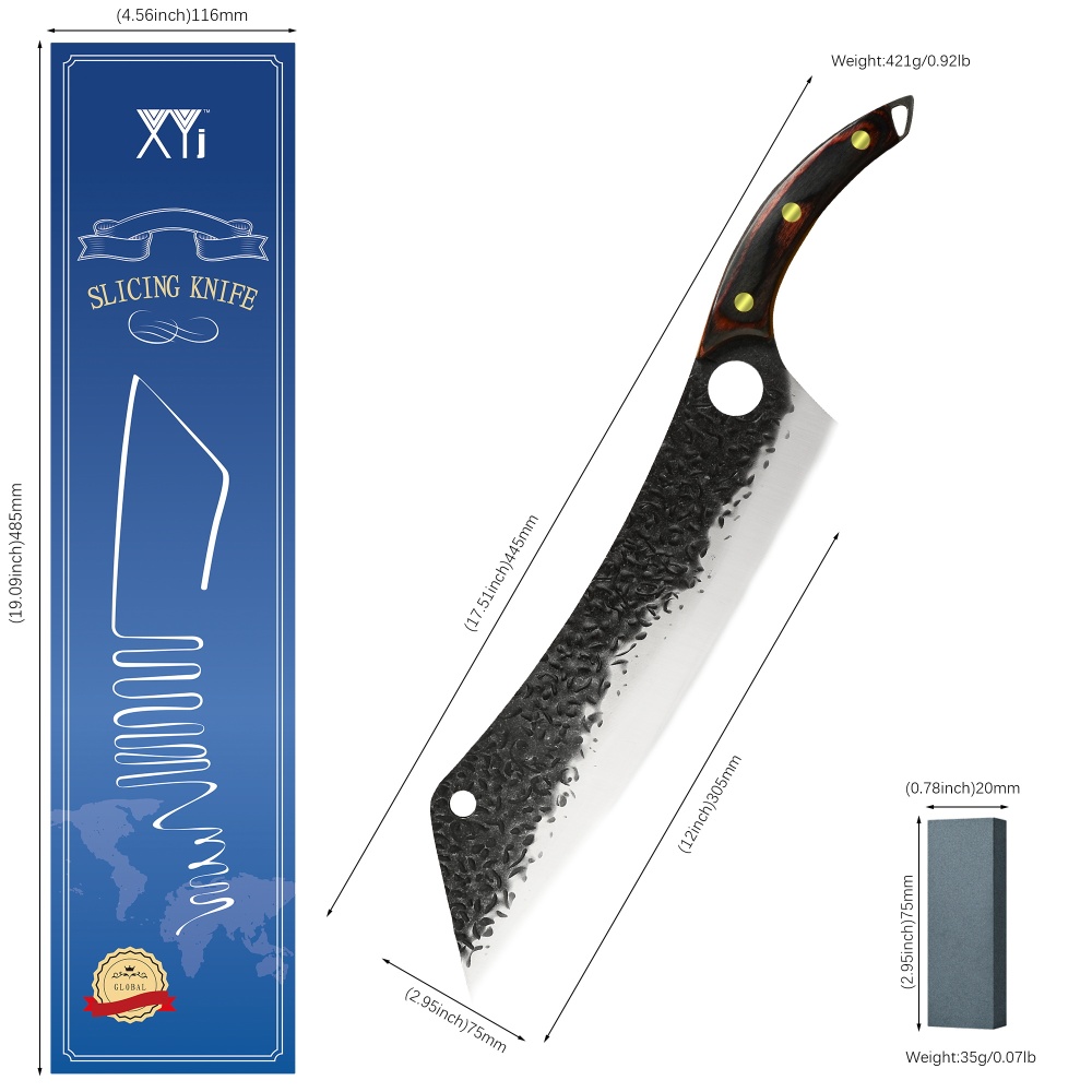 XYJ 12.5 Inch Ultra Long Butcher Knife Stainless Steel Hammer Finish Blade Kitchen Chef Slaughter Slicing Meat Trimming Brisket Filleting Fish